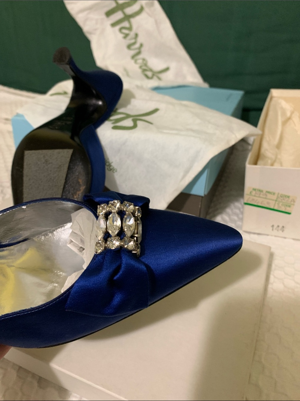 Sidonie Larizzí Harrods 38.5 Royal Blue Satin Pointed Toe Heels Crystal Buckle - Picture 5 of 10